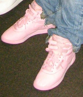A pair of pink Reebok Freestyle hi-tops (original 1980s photo)